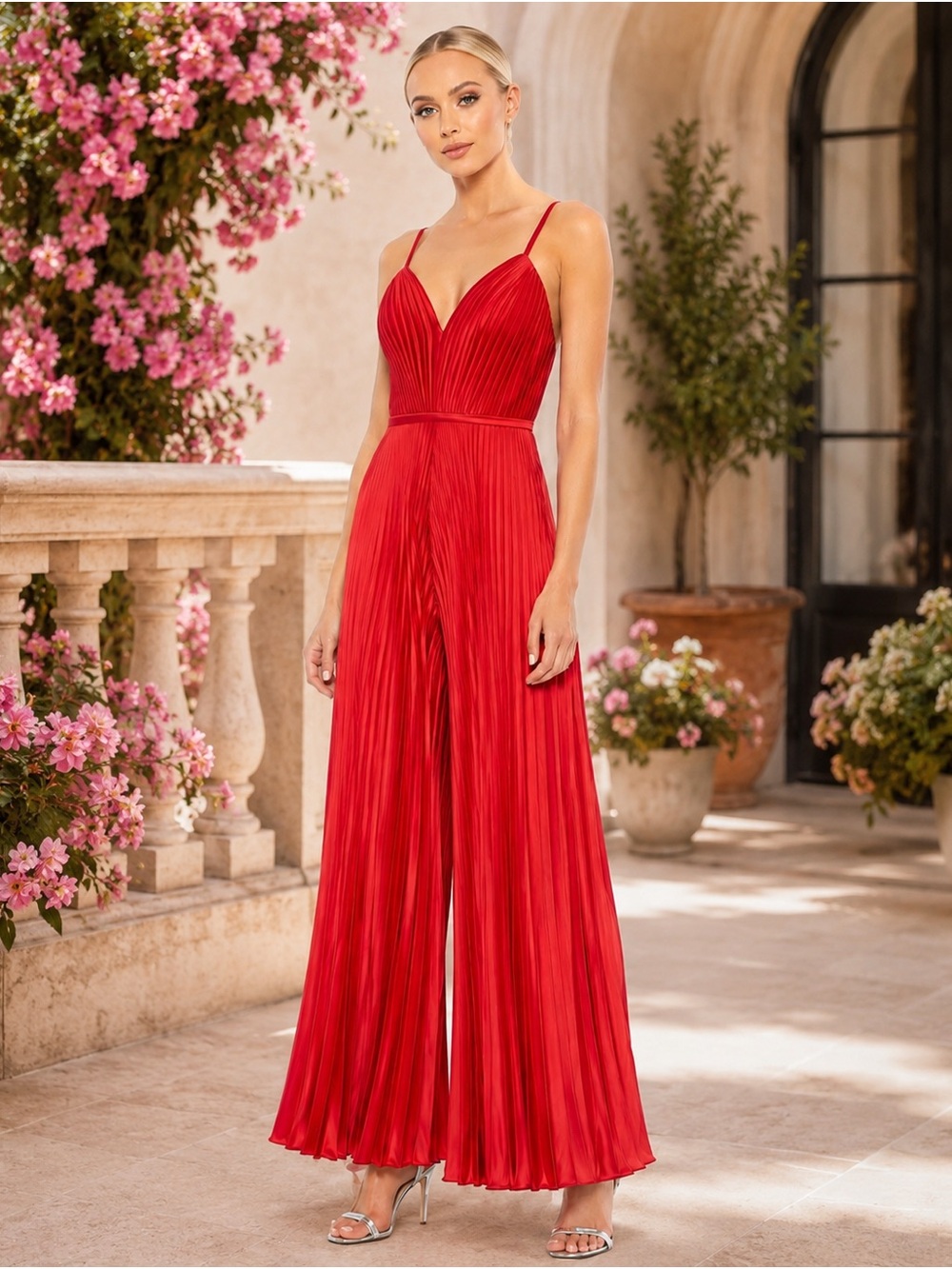 Mac Duggal Red Pleated Wide-Leg Jumpsuit with V-Neck